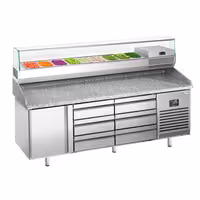 Table réfrigérée à pizza Premium PLUS - 1980x700 mm - avec 1 porte & 6 tiroirs - incl. vitrine réfrigérée - 9x GN 1/4