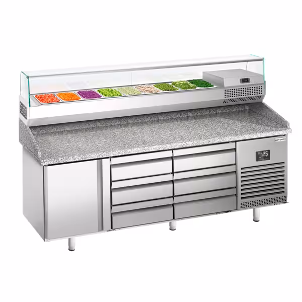 Profesionāls Picas galds PREMIUM PLUS - 1980x700 mm - ar 1 durvīm un 6 atvilktnēm - ar granīta darba virsmu - ar augšējo aukstuma vitrīnu - 9x GN 1/4