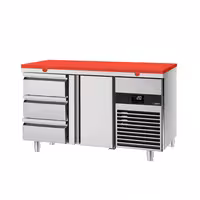Rashladni pult PREMIUM - 1400x700 mm - 281 l - Boja Crvena - Ventilirano hlađenje - s 1 vrata - s 3 ladica - uklj. Ploča za rezanje Crvena