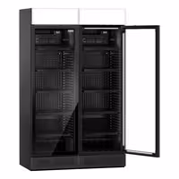 (2 pcs) Commercial Beverage Display Fridge with Illuminated Canopy - 1190mm - 345 Litres - with 2 hinged glass doors - LED lighting - digital controller with temperature display - Black - Temperature range 2 to 10 °C