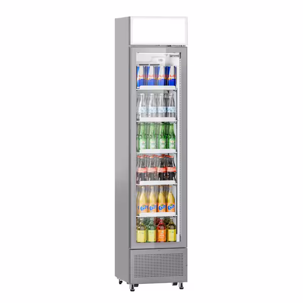 Vitrină frigorifică pentru băuturi - 435 mm - 145 litri - ușă panoramică fără ramă - 1 ușă din sticlă batantă & panou promoțional - afișaj digital - temperatură +1/+10 °C