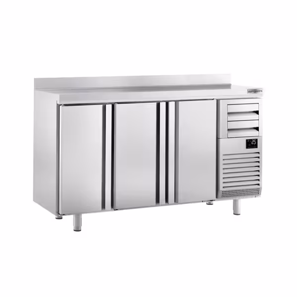 Stół chłodniczy barowy do napojów Premium PLUS – 1960 x 600 mm – z 3 drzwiami, 2 szufladami i rantem