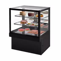 Commercial cake display fridge TORONTO - 1300mm - Double glazing - square - with 3 shelves - rear sliding mirrored glass doors - black front