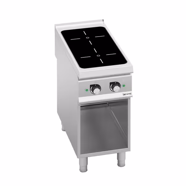 Ipari indukciós tűzhely - 900-as - főzősorba illeszthető - 400x900x920 mm - összteljesítmény: 10 kW - 2 zónás üvegkerámia - nyitott tárolórésszel