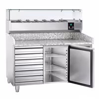 Stół chłodniczy do pizzy ECO - 1500x800mm - z blatem granitowym - 1‑drzwiowy, 7 szuflad - z nadstawką chłodniczą z osłoną szklaną - 6x GN 1/3