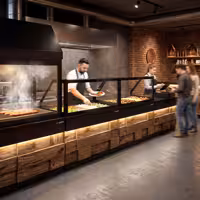 Saladette refrigerata professionale TORONTO - 1250mm - rivestimento frontale in legno - 2 porte - con vetrina in vetro dritto per 3x GN 1/1, 1 ripiano - piano di lavoro in granito nero