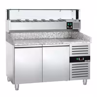 Table réfrigérée à pizza PREMIUM - 1500 x 800 mm - avec 2 portes - incl. vitrine réfrigérée avec LED - 5 x GN 1/3 + 1 x GN 1/2