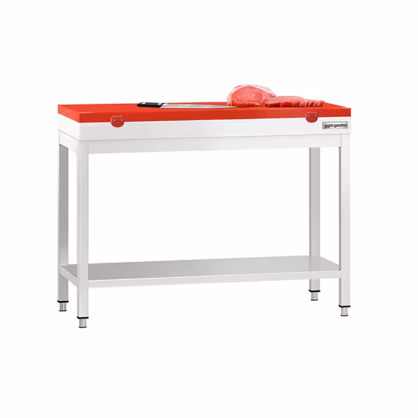 Arbetsbänk i rostfritt stål PREMIUM - 1000x600 mm - med underhylla - inkl. skärbräda röd