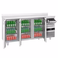 Stół chłodniczy barowy do napojów PREMIUM – 2130 x 600 mm – z 3 drzwiami, rantem i odbijakiem do kawy
