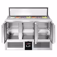 Pult za pripremu salate PREMIUM - 1365 mm - 3 staklena vrata - s ugradnim ležištem za 7x GN 1/3 i stakleni poklopac