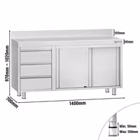 خزانة قاعدية ستانلس ستيل KOPENHAGEN ECO - 1400x700mm - وحدة أدراج 3 يسار، و2 أبواب منزلقة - مع حاجز خلفي
