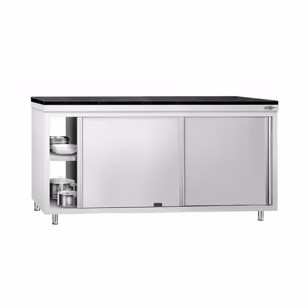 Rozsdamentes acél munkaszekrény PREMIUM – 1800x600 mm – átadóablakkal – gránit munkalapmal