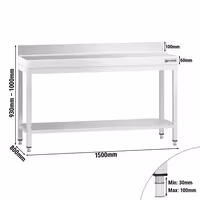 طاولة عمل ستانلس ستيل PREMIUM - 1500x800mm - مع رف سفلي & حاجز خلفي