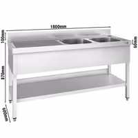 Sudoper PREMIUM - 1800x600 mm - s donjom policom - s 2 koritima - korita desno - inox