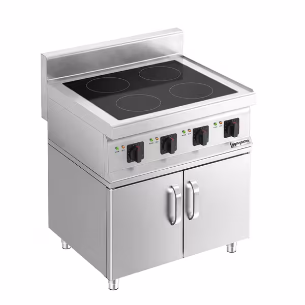 Ipari indukciós tűzhely - 700-as - főzősorba illeszthető - 4 zónás - összteljesítmény: 14,0 kW - 800x700x1007 mm - alsószekrénnyel, 2 ajtó