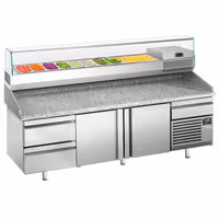 Table réfrigérée à pizza Premium PLUS - 2305 x 800 mm - avec 2 portes & 3 tiroirs - incl. vitrine réfrigérée de présentation - 10x GN 1/3
