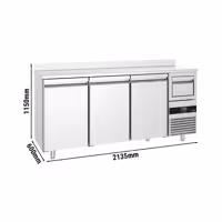 Stół chłodniczy barowy do napojów PREMIUM – 2130 x 600 mm – z 3 drzwiami, rantem i odbijakiem do kawy