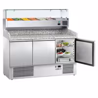Commercial Pizza Prep Counter - Granite Top ECO - 1400x700mm - with 3 doors - incl. refrigerated topping unit - 6x GN 1/4