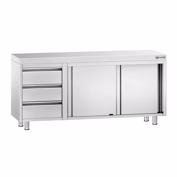 خزانة عمل ستانلس ستيل KOPENHAGEN PREMIUM - 1800x600mm - أبواب منزلقة - وحدة أدراج 3 يسار