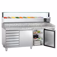 Stół chłodniczy do pizzy ECO – 2000 x 800 mm – z 2 drzwiami i 7 szufladami – z witryną nadstawną chłodniczą LED na 10x GN 1/4
