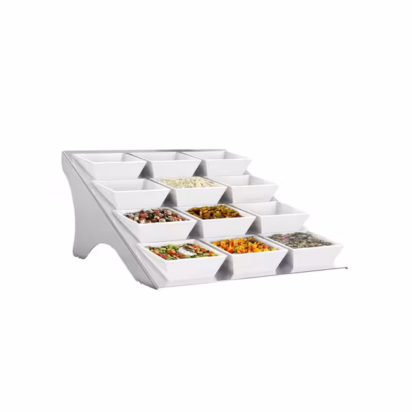 Açık Büfe Teşhir Standı - Paslanmaz Çelik gövde, Melamin kaseler - köşeli - 330x435x150mm - dahil 12 Melamin Kase 90x90mm - 12 raf ile