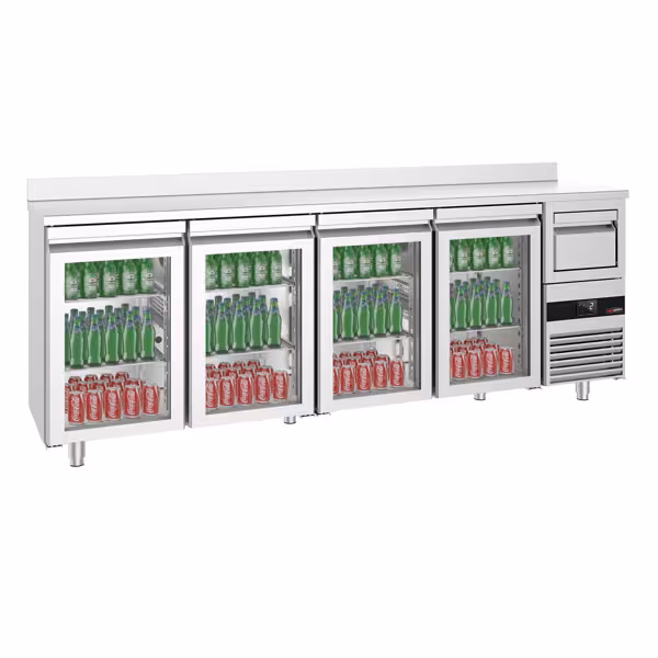 Stół chłodniczy barowy do napojów PREMIUM – 2690 x 600 mm – z 4 drzwiami szklanymi, rantem i odbijakiem do kawy