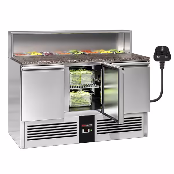 Saladett Toronto PREMIUM - 1368 mm - 3 uksega - süvistatud külmsüvendid 8× GN 1/6 - roostevabast terasest kaanega - graniidist töötasapind (must)