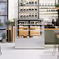 Commercial cake display fridge - 470L - 1200mm - Double glazing - square - with 2 glass shelves - rear sliding doors