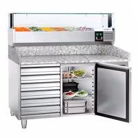 Stół chłodniczy do pizzy PREMIUM - 1500x800mm - z blatem granitowym - 1‑drzwiowy, 7 szuflad - z nadstawką chłodniczą z osłoną szklaną z oświetleniem LED - 5x GN 1/3 + 1x GN 1/2