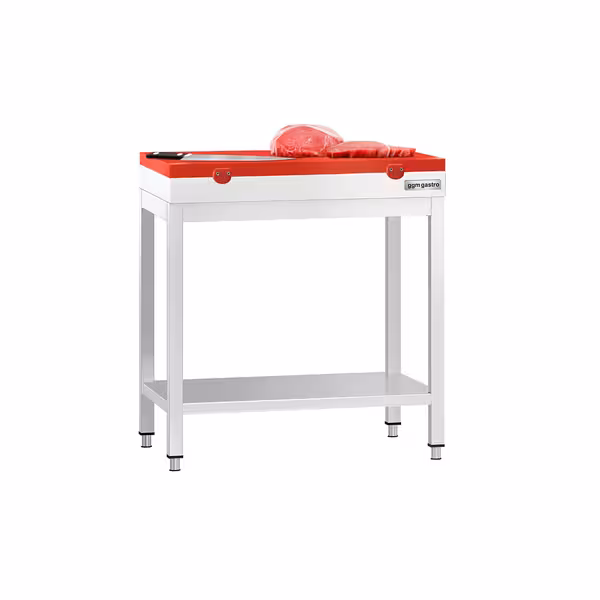 Arbetsbänk i rostfritt stål PREMIUM - 600x600 mm - med underhylla - inkl. skärbräda röd