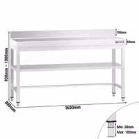 طاولة عمل ستانلس ستيل PREMIUM - 1600x800mm - مع رف سفلي & حاجز خلفي & تدعيم
