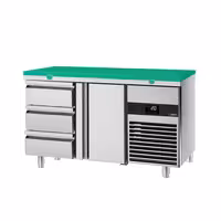 Rashladni pult PREMIUM - 1400x700 mm - 281 l - Boja Zelena - Ventilirano hlađenje - s 1 vrata - s 3 ladica - uklj. Ploča za rezanje Zelena
