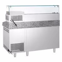 Stół chłodniczy do pizzy PREMIUM - 1550x800mm - z blatem granitowym - 1‑drzwiowy, 5 szuflad - z nadstawką chłodniczą z osłoną szklaną - 6x GN 1/3