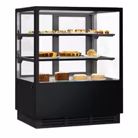 Commercial cake display fridge - 378L - 1000mm - Double glazing - square - mirrored front - with 2 glass shelves - rear sliding doors - for patisserie - Black
