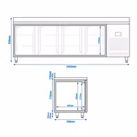 Stół chłodniczy barowy do napojów Premium PLUS – 2452 x 700 mm – z 4 drzwiami szklanymi i rantem