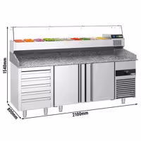 Stół chłodniczy do pizzy PREMIUM - 2100x800mm - z blatem granitowym - 2‑drzwiowy, 5 szuflad - z nadstawką chłodniczą z osłoną szklaną - 10x GN 1/3