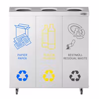 Ecoponto - Módulo de encastre - 3 compartimentos de 25L cada - 755x725x255mm - com rodas - 2 rodas com travão, autocolantes de reciclagem incluídos - Aço inoxidável