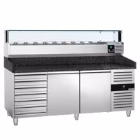 Stół chłodniczy do pizzy PREMIUM – 2000 x 800 mm – z 2 drzwiami i 7 szufladami – z witryną nadstawną chłodniczą LED na 10x GN 1/4