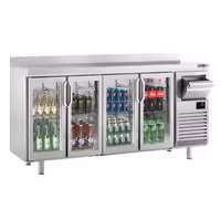 Stół chłodniczy barowy do napojów Premium PLUS – 2450 x 600 mm – z 4 drzwiami szklanymi, rantem i odbijakiem do kawy