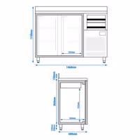 Stół chłodniczy barowy do napojów Premium PLUS – 1470 x 600 mm – z 2 drzwiami, 2 szufladami i rantem