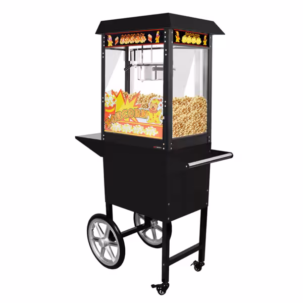 Profesyonel Arabalı Popcorn Mısır Patlatma Makinesi - 1,46kW - 5kg/sa - 1 tencereli - Siyah