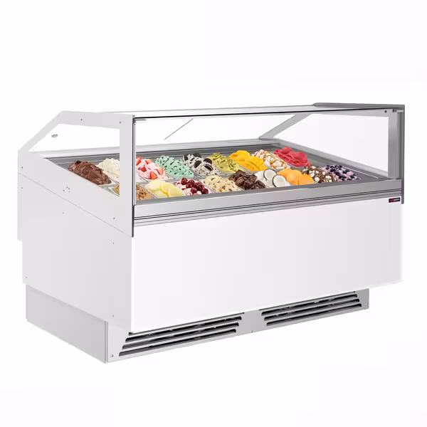 Ice Cream Display Freezer | ADAM - 1700mm - Ventilated cooling - with LED lighting - for 18 x 5 litres Napoli pans or 12 x 7 litres - White - curved glass canopy