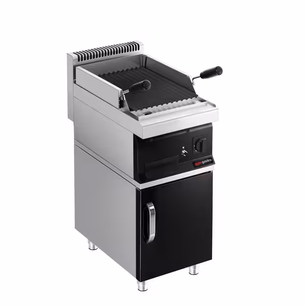 (2 uds) Barbacoa de gas de piedra volcánica - 7,0kW|400mm - Parrilla vasca - De pie - 700 fondo - 1 rejillas - Parrilla regulable en 3 alturas - Rejilla tipo V - Frente negro - con mueble inferior 1 puertas - incl. encendido piezoeléctrico
