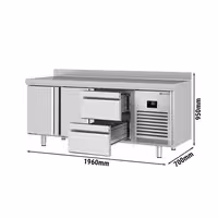 Külmtöölaud PREMIUM PLUS - 1960x700 mm - 465 l - ventileeritud jahutus - koos 2 uksega - Tagaserv - roostevabast terasest tööpind, tagaservaga