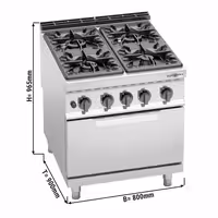 Plinski štednjak - Linija 900 - 34,5 kW - 4 plamenika - samostojeći - s plinskom pećnicom statiènom - 7,8 kW - GN 2/1 - 800x900x965 mm