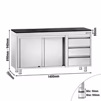 Rozsdamentes acél munkaszekrény PREMIUM – 1400x700 mm – 3 fiókkal a jobb oldalon – gránit munkalapmal
