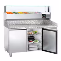 Table réfrigérée à pizza PREMIUM - 1500 x 800 mm - avec 2 portes - incl. vitrine réfrigérée avec LED - 5 x GN 1/3 + 1 x GN 1/2
