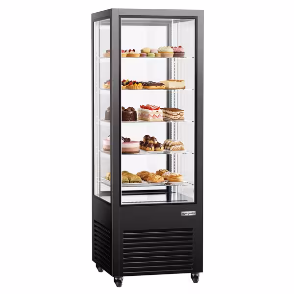 4-Sided Glass Display Fridge - 440L - 675mm - Double glazing - with 5 glass shelves - 1 rear glass door - for patisserie - Black