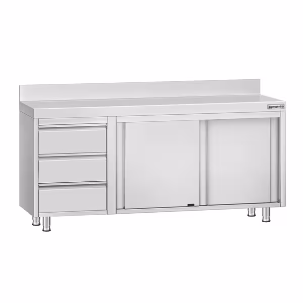 خزانة قاعدية ستانلس ستيل KOPENHAGEN ECO - 1800x700mm - مع وحدة أدراج 3 يسار، وأبواب منزلقة - مع حاجز خلفي