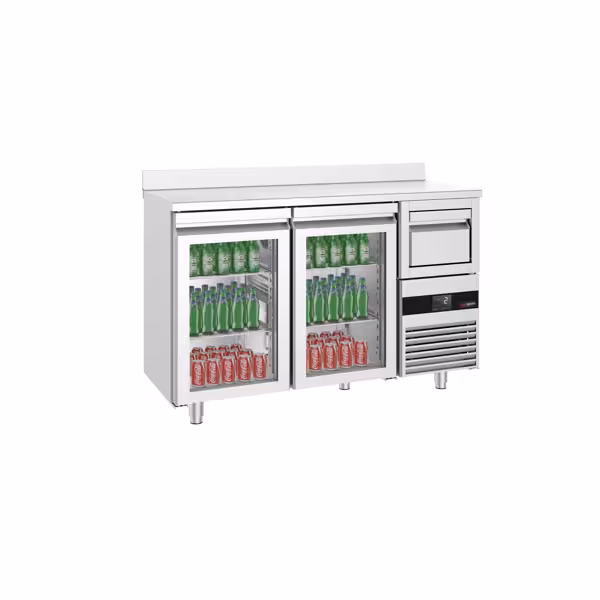 Stół chłodniczy barowy do napojów PREMIUM – 1580 x 600 mm – z 2 drzwiami szklanymi, rantem i odbijakiem do kawy